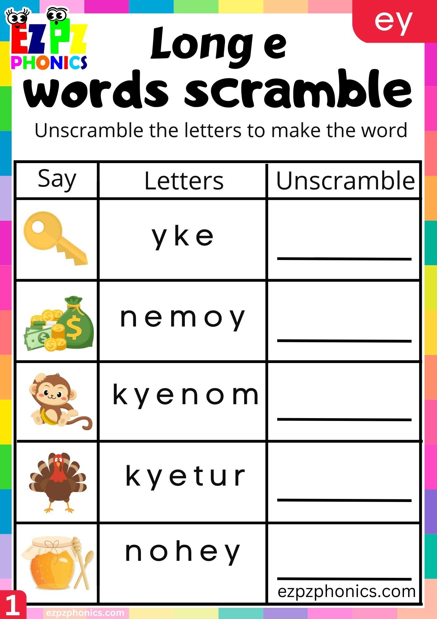 EY Words Words Scramble Long E Phonics Worksheet